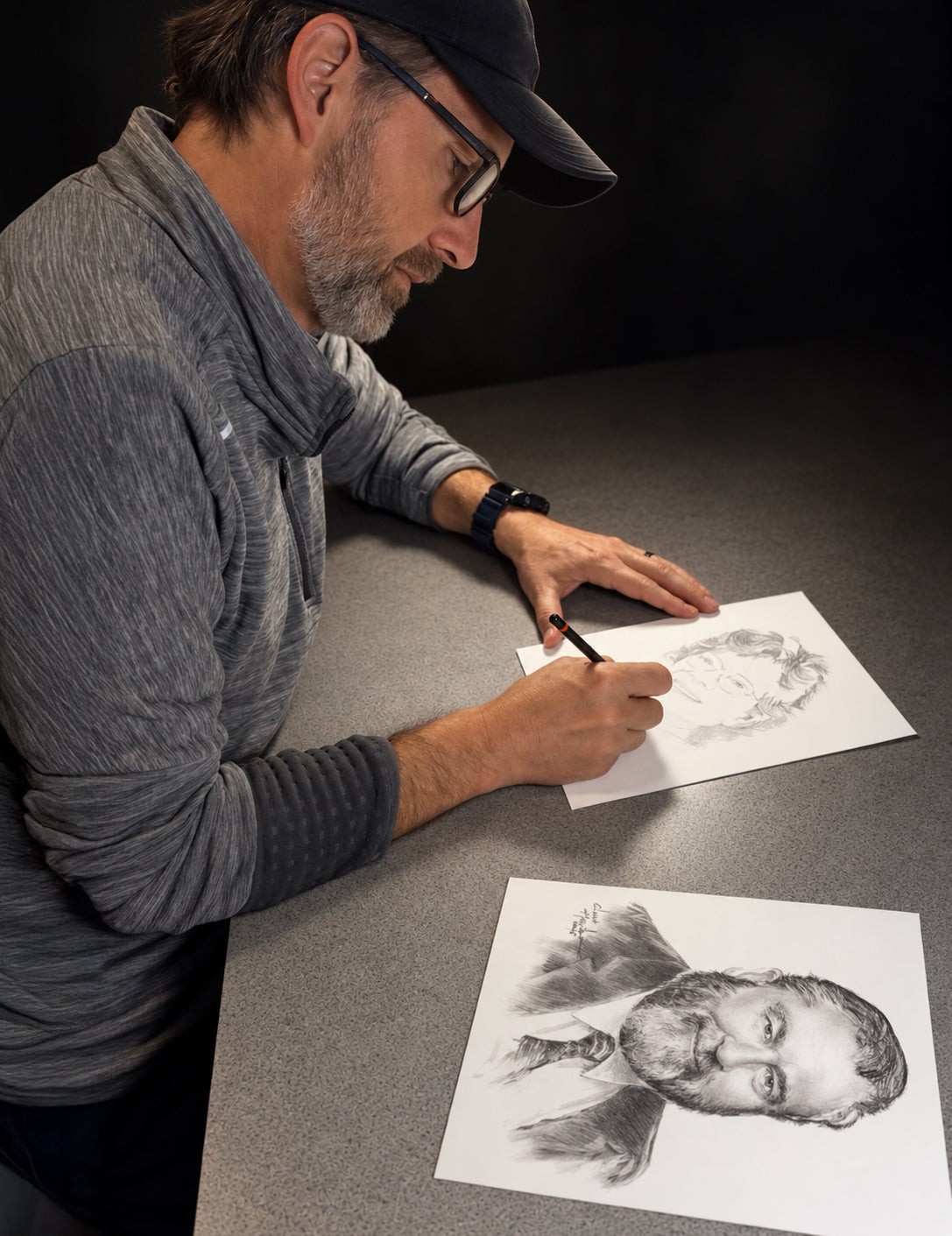 Chad Hawkins drawing a hand-crafted pencil portrait